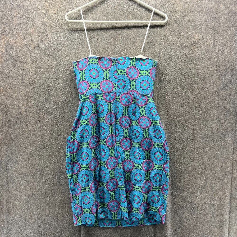 Lauren Gold Dress Womens 2 Blue Geometric Strapless Sweetheart Mini Sundress